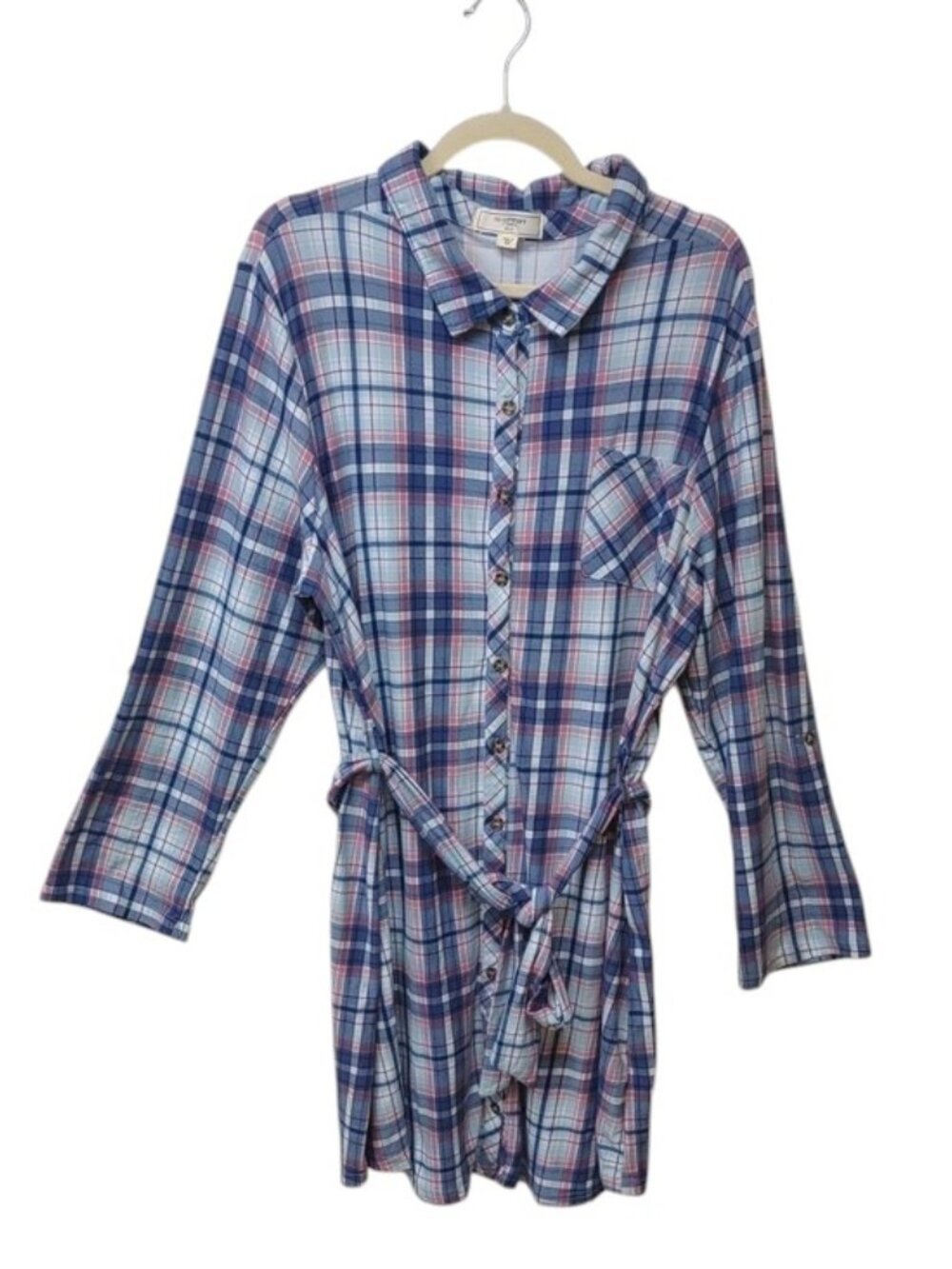 No Comment Women's Soft Blue Pink Plaid Button-Front Tie Belt Shirt Dress